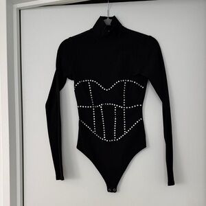 Black Long Sleeve Bodysuit with Studded Design